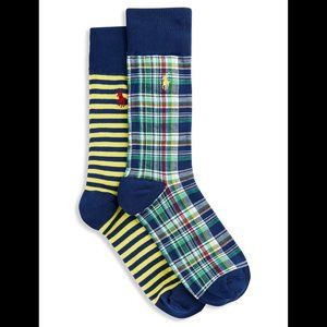 Big & Tall Polo Ralph Lauren 2-pk Summer Plaid Stripe Socks - Navy King Size
